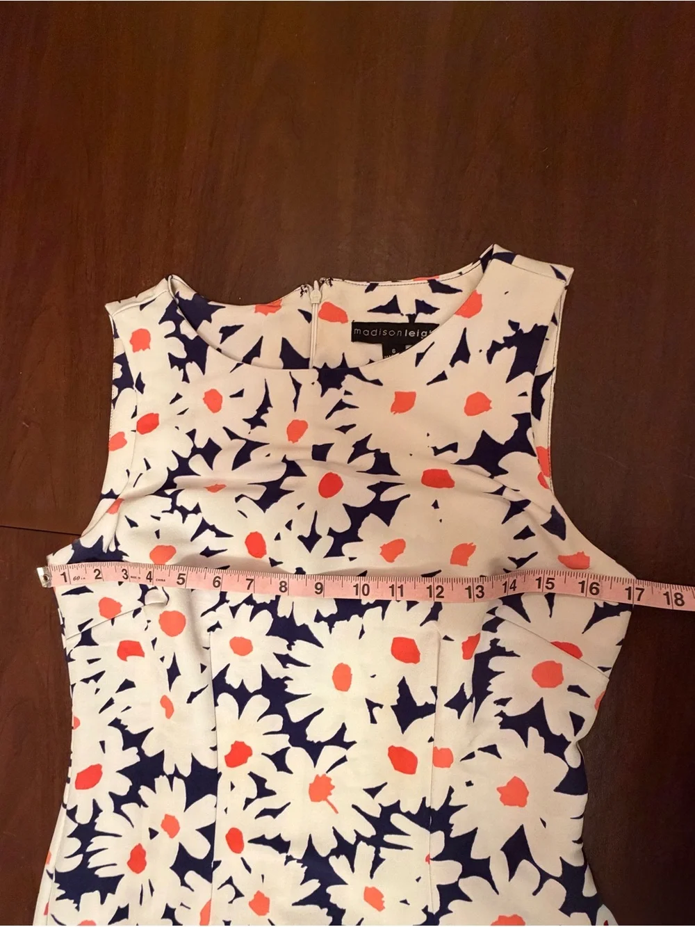 Madisonleigh White/Navy/Orange Floral Sheath Knit Stretch Zip Dress 6